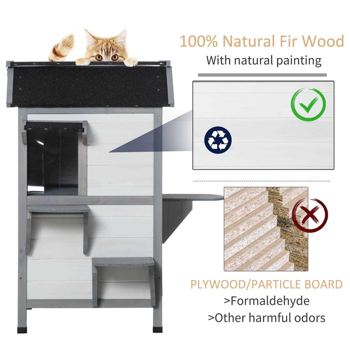 Wooden 2-Story Outdoor Cat House with Escape Door H32088