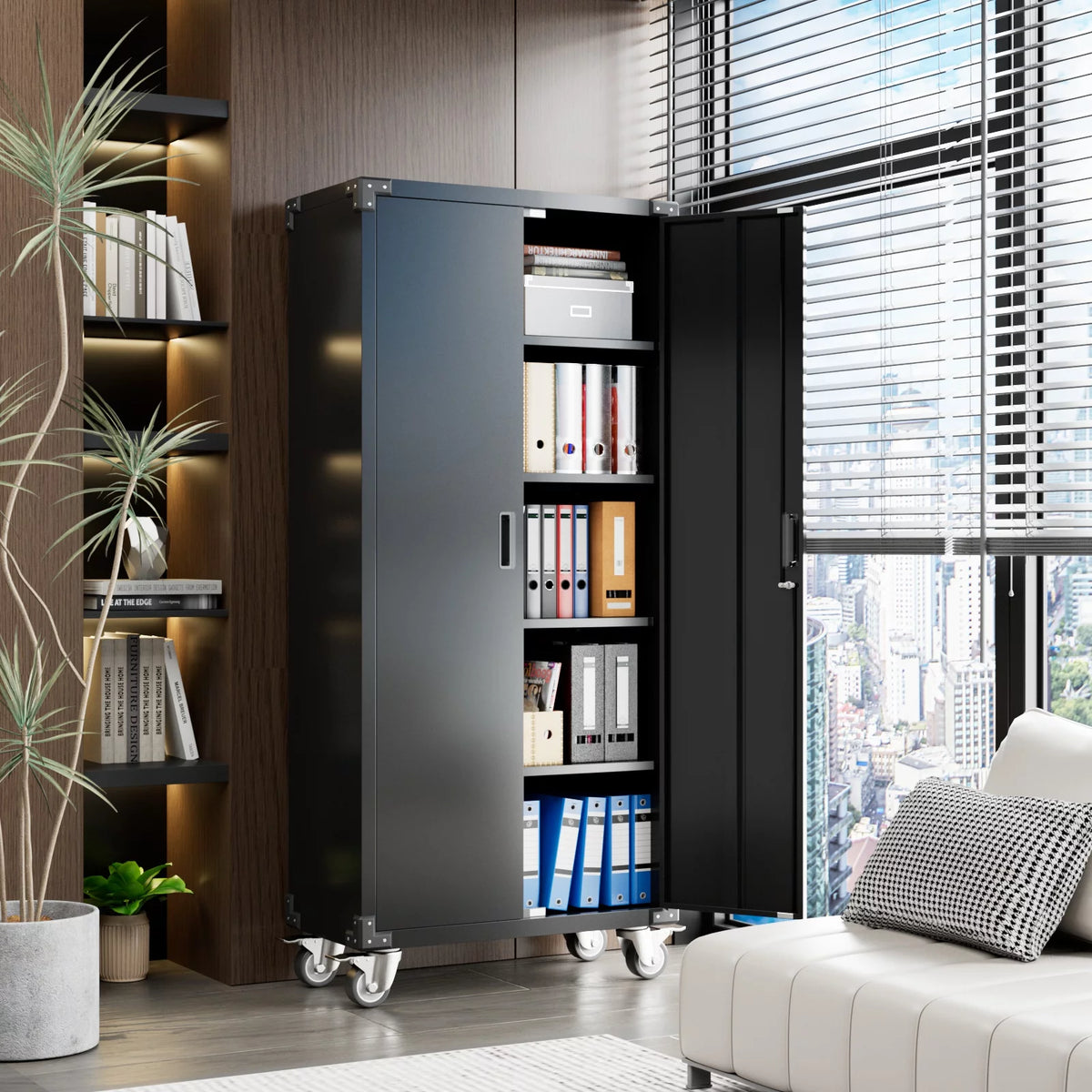 Metal Storage Cabinet with Lock, 72In Steel Storage Cabinet with Wheels, Black G315978