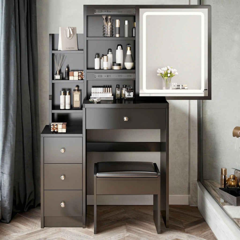 White Vanity Table with Lighted Mirror and Stool Y399362