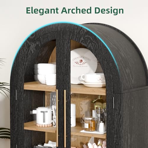 Black 63" Tall Arched Glass Door Storage Cabinet with 2 Rattan Drawers X143461