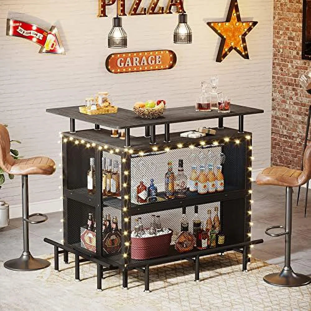 L-Shaped Liquor Table with Stemware Racks and 2-Tier Shelves Black H867118