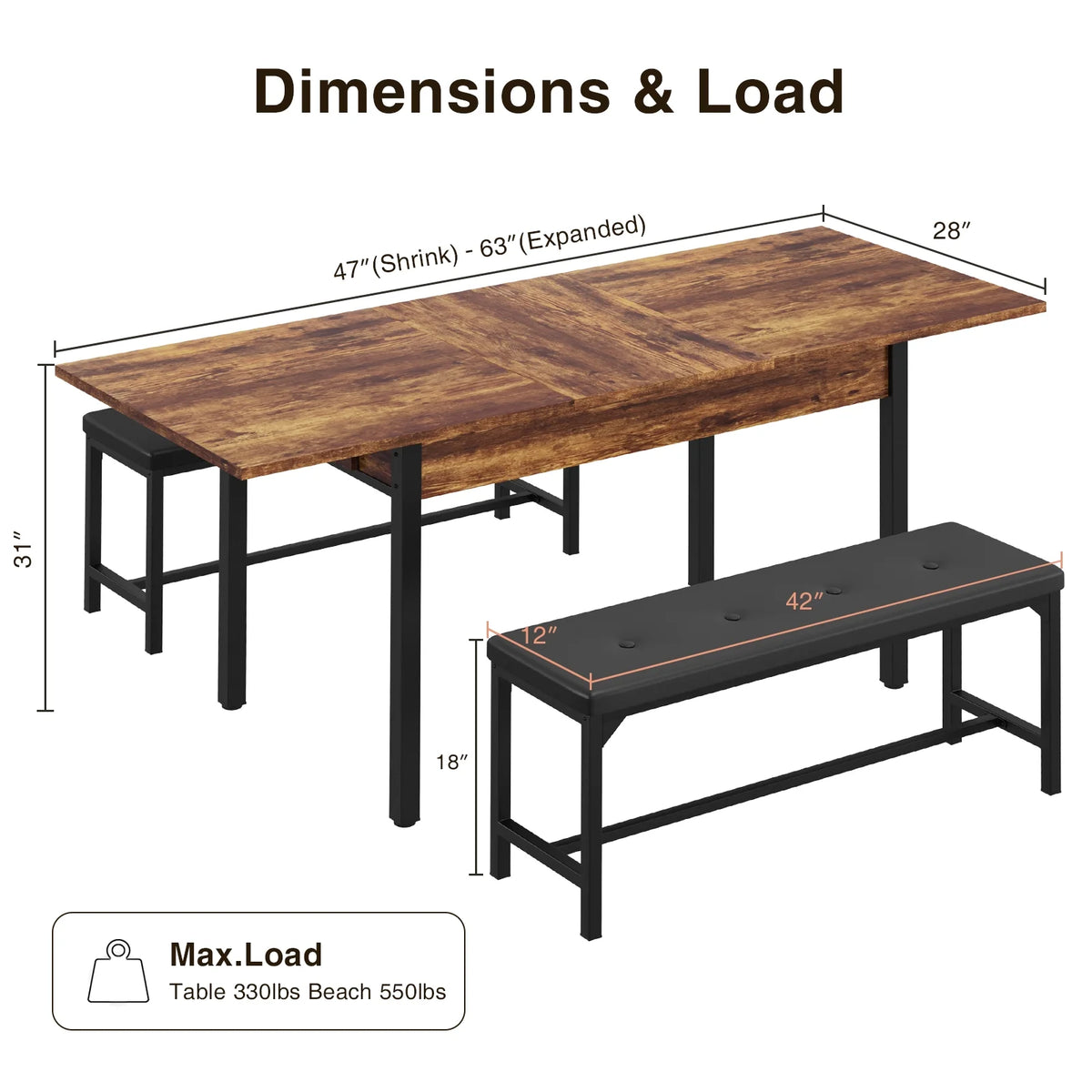 3-Piece Extendable Dining Table Set with Drawer and 2 Upholstered Benches D13119