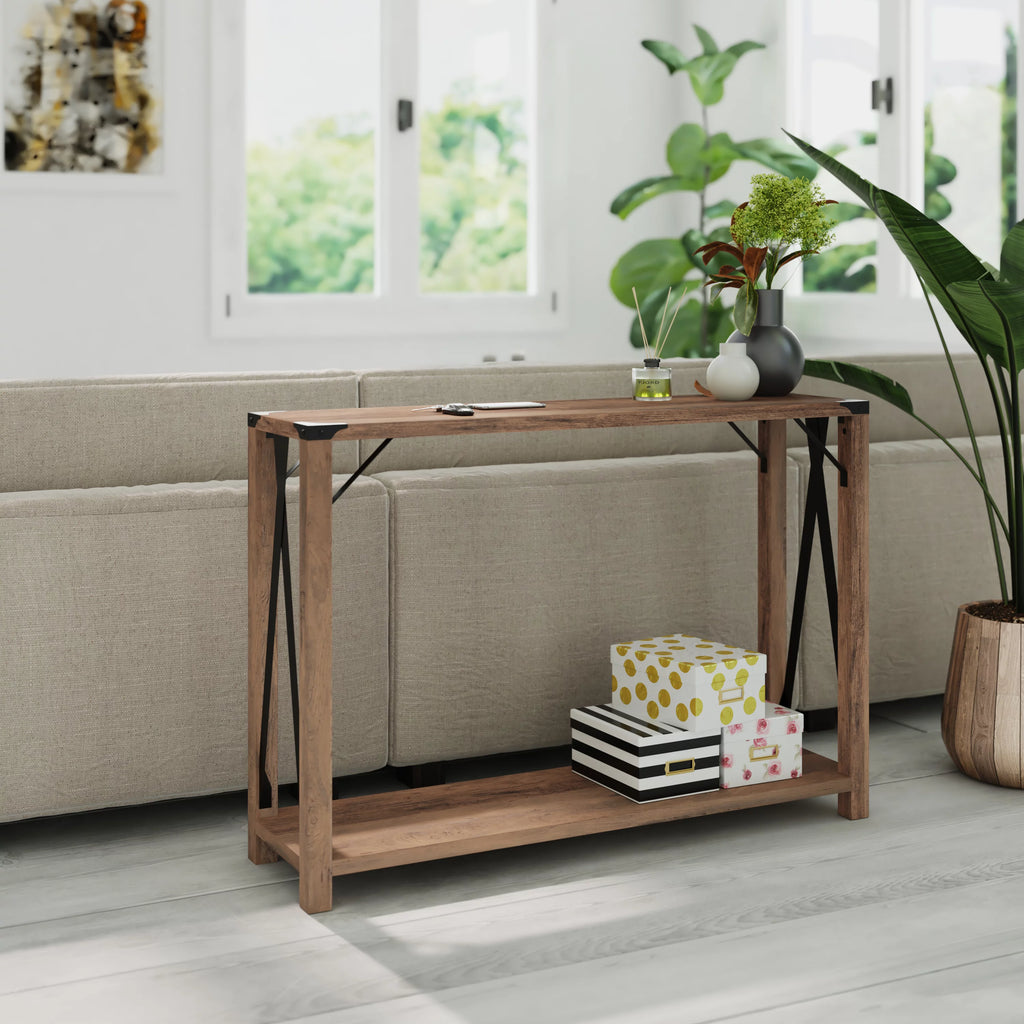 Rustic Oak Engineered Wood Console Table with Metal Accents W113036