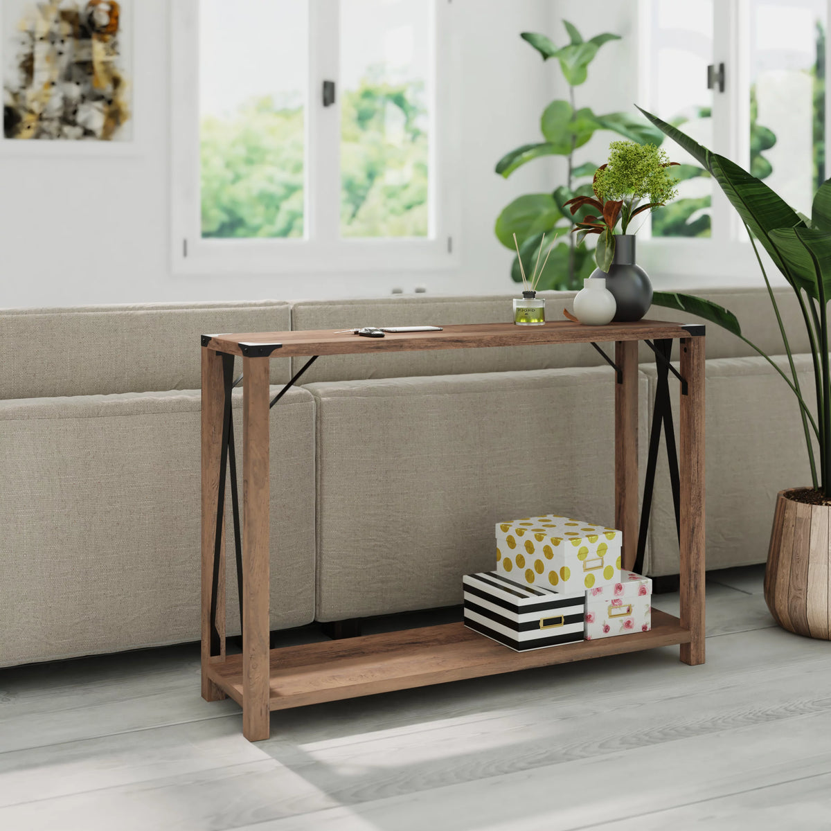 Rustic Oak Engineered Wood Console Table with Metal Accents W113036