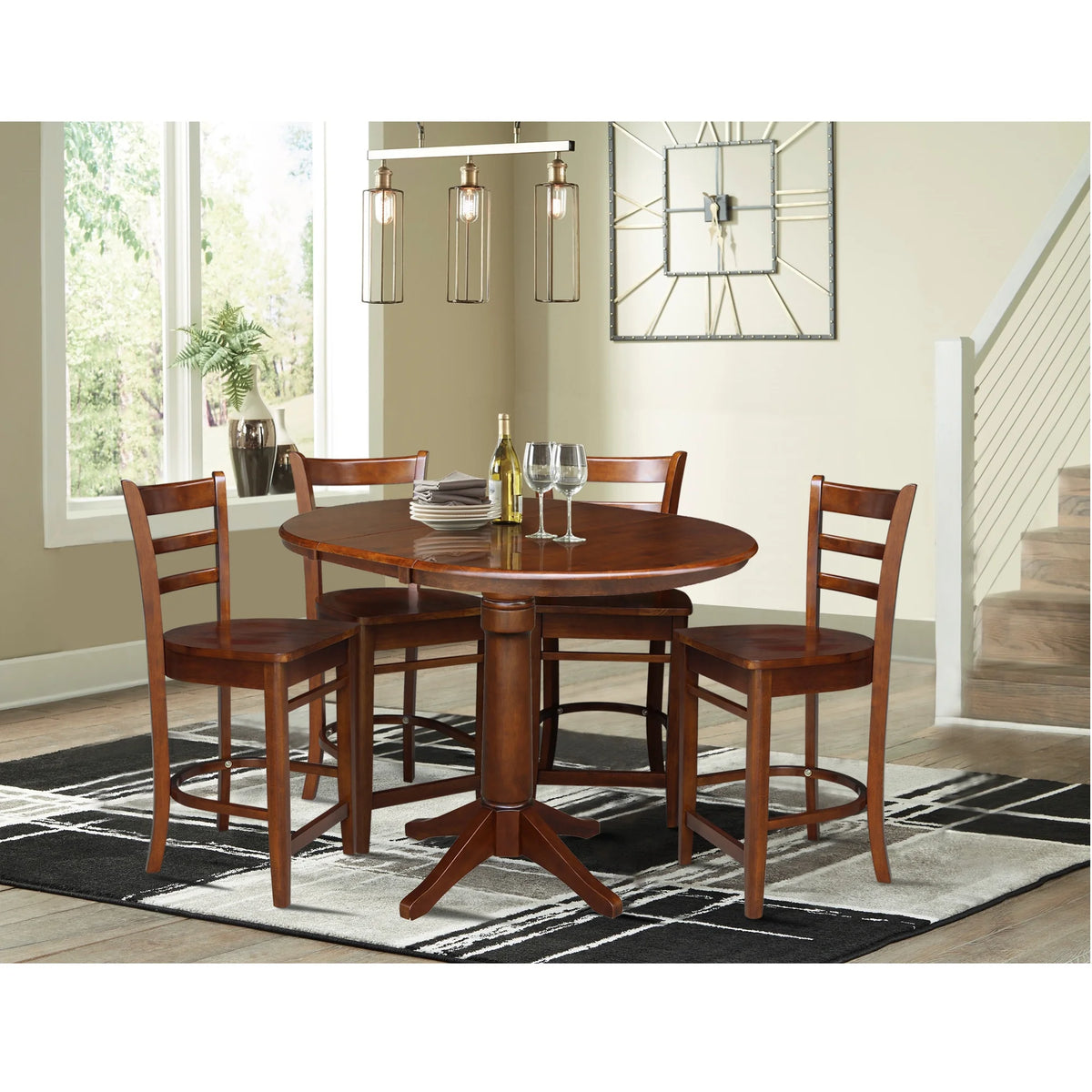 Espresso Round Solid Wood Extension Dining Table with 4 Counter Height Stools Q4397