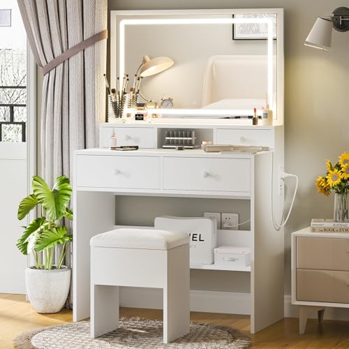 White Vanity Desk with Lighted Mirror and Charging Station H44138