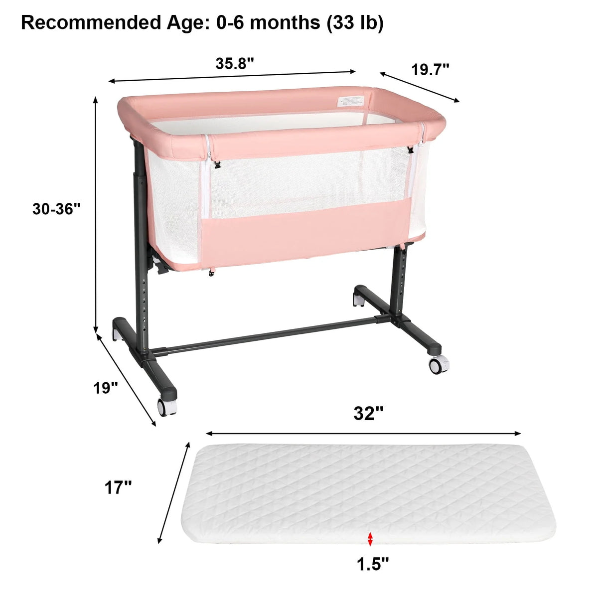 Baby Bassinet with Wheels Adjustable Bedside Sleeper Grey G125