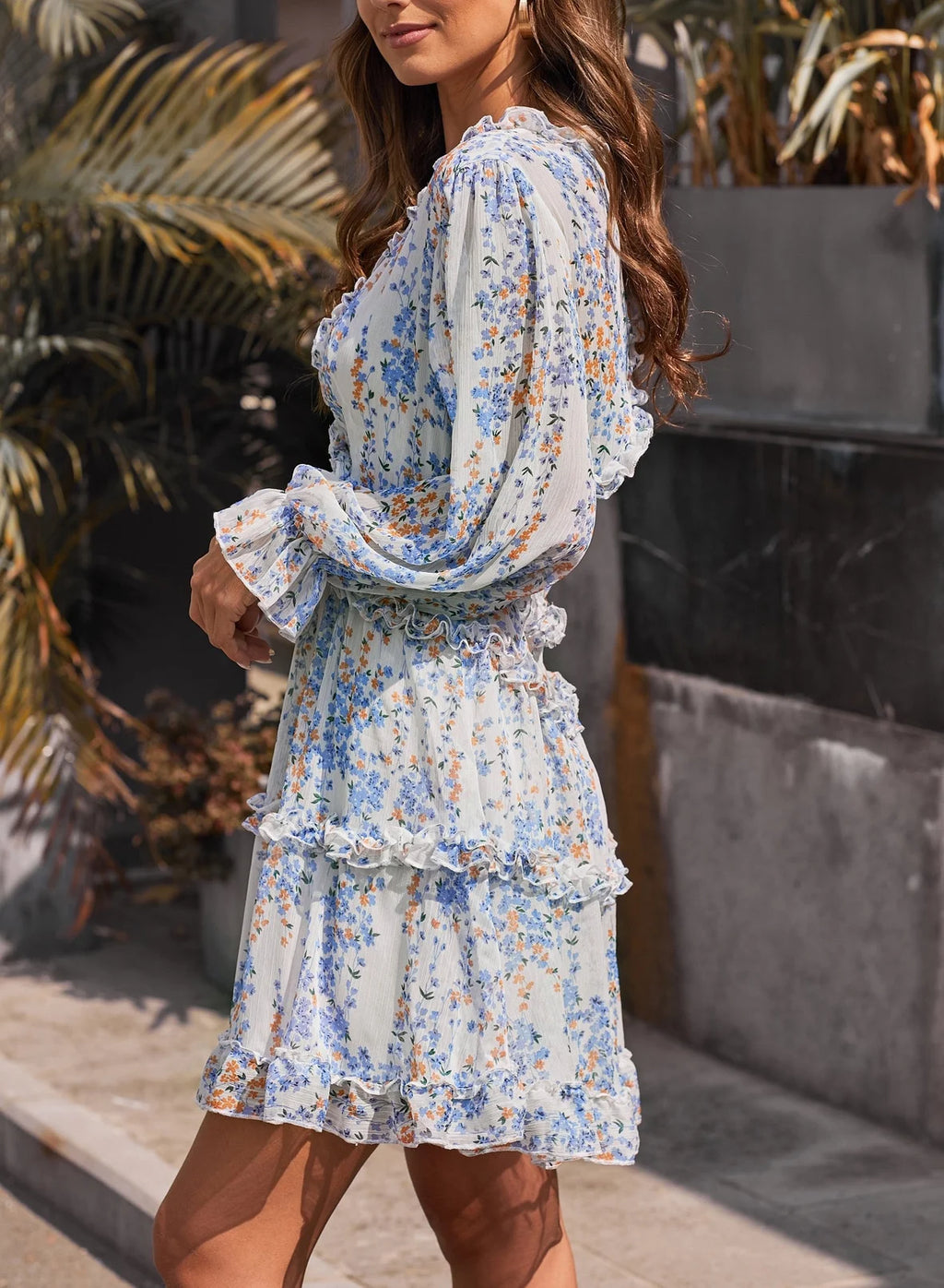 Floral Print Long Sleeve Backless Mini Dress L38772