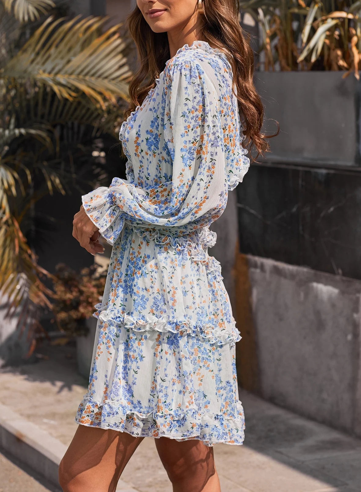 Floral Print Long Sleeve Backless Mini Dress L38772