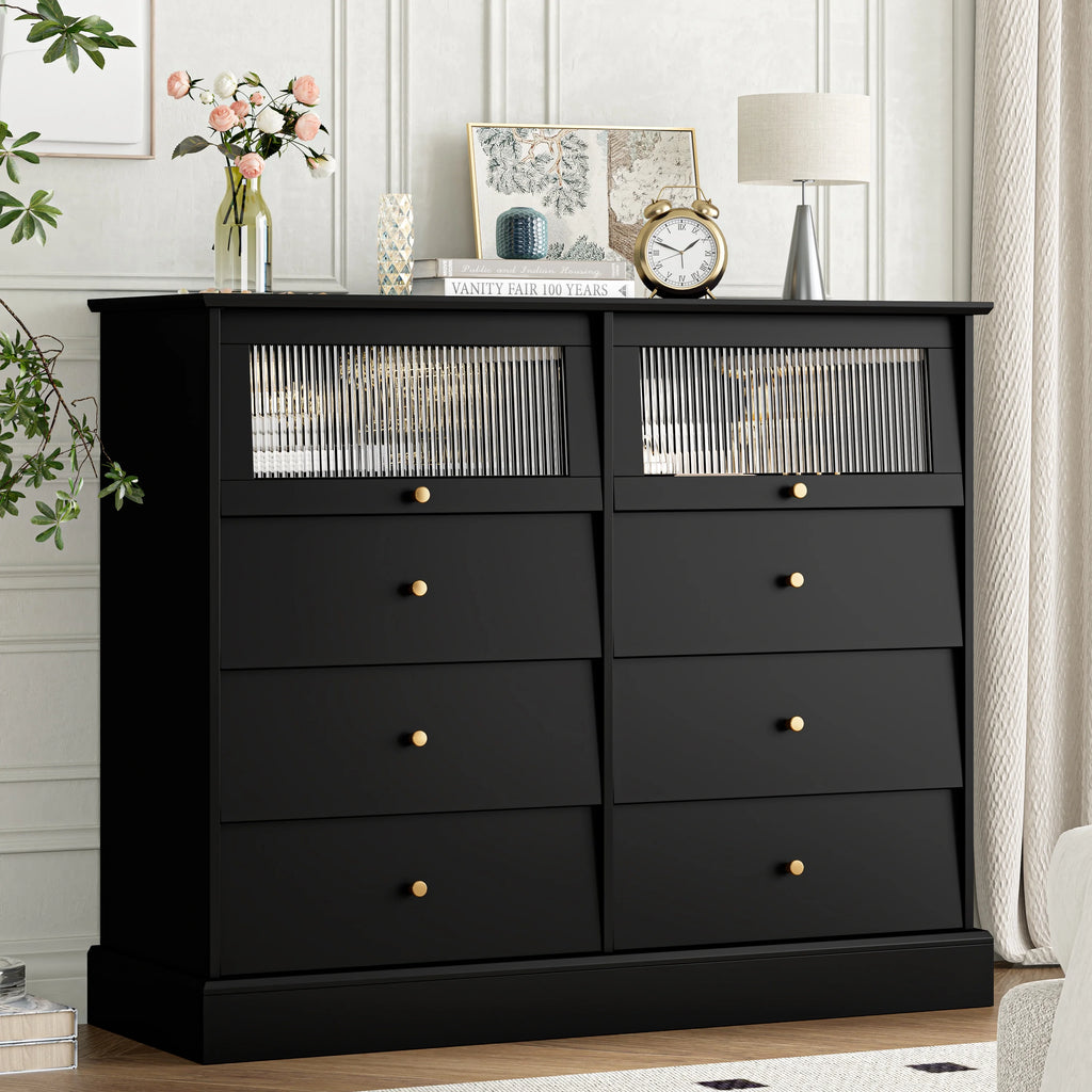 Black 8 Drawer Glass Door Wood Dresser P7564