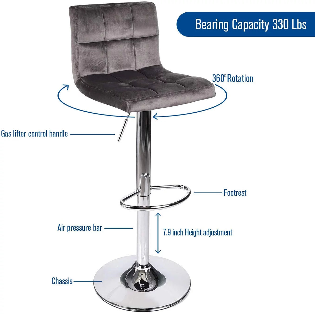 Set of 2 Gray Velvet Adjustable Swivel Bar Stool S94593