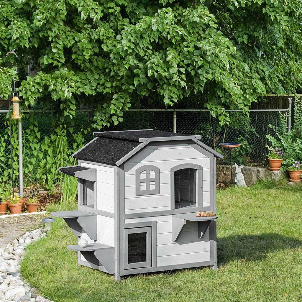 Wooden 2-Story Outdoor Cat House with Escape Door H32088