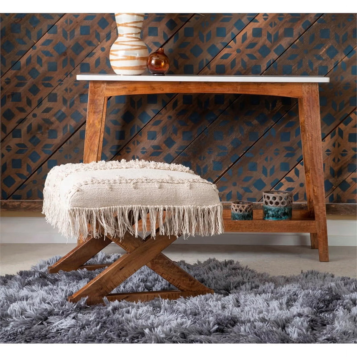 Brown Mango Wood and Marble Console Table E195