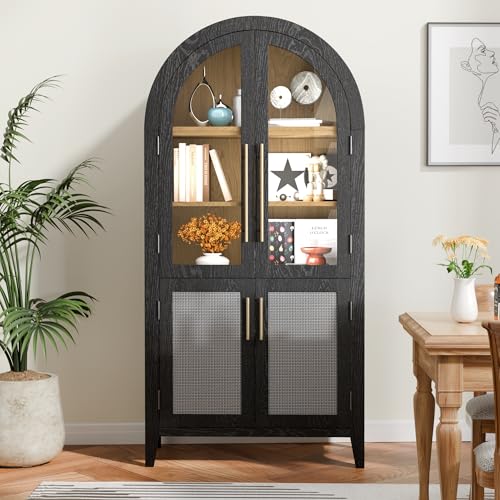 Black 63" Tall Arched Glass Door Storage Cabinet with 2 Rattan Drawers X143461
