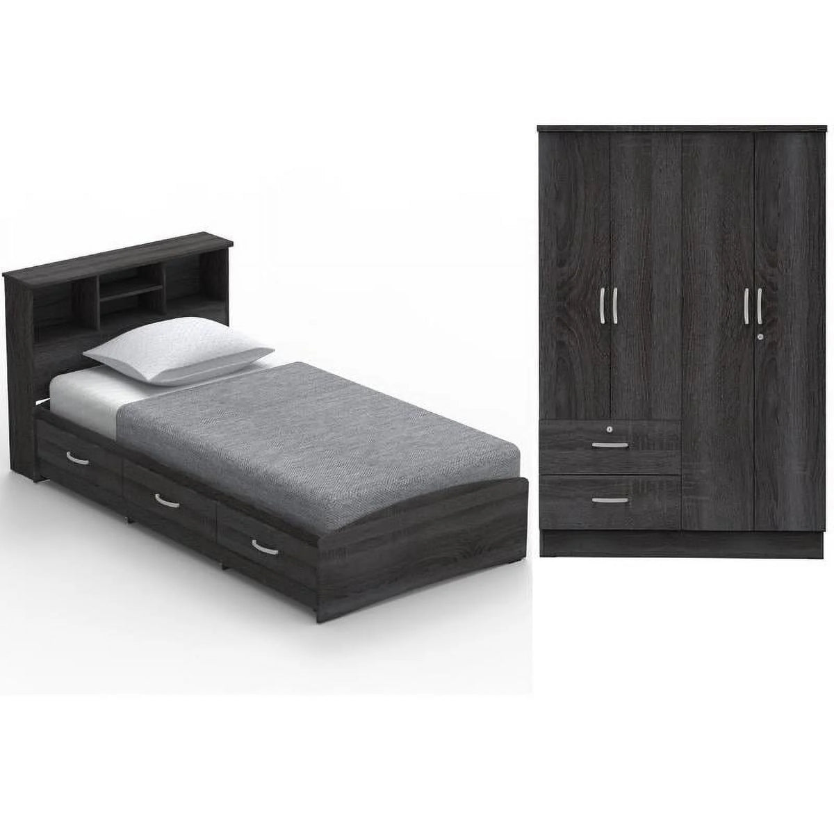 Twin Captains Bed and 4-Door 2-Drawer Armoire Set in Gray V292