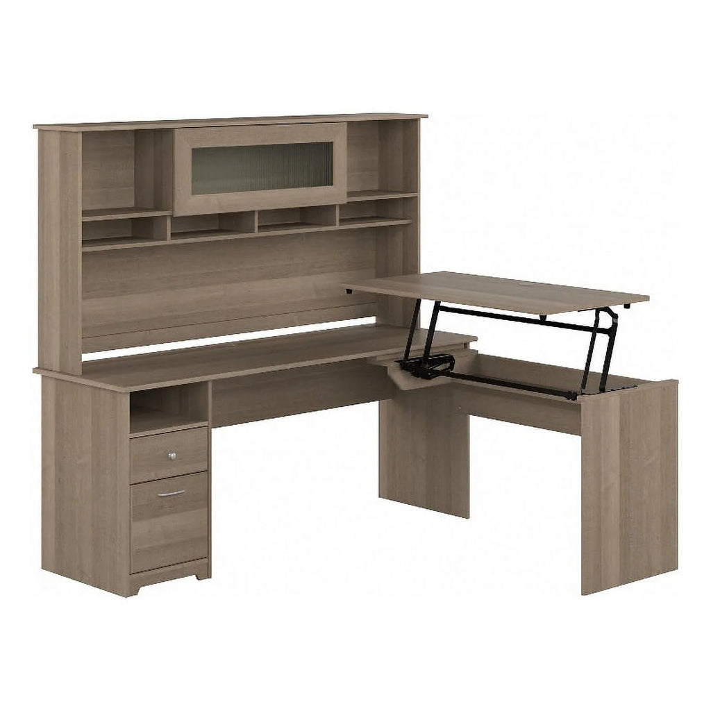 72W Sit to Stand L Desk with Hutch in Ash Gray Engineered Wood V350