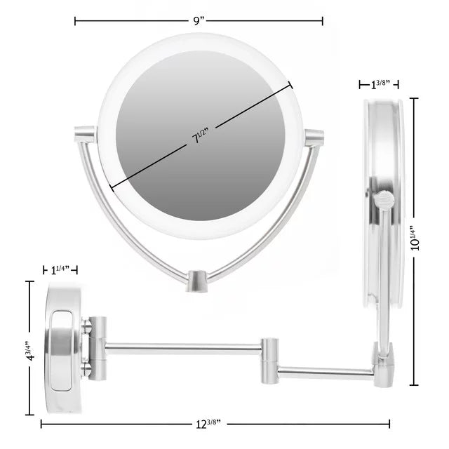 7.5" Lighted Wall Mount Double Sided Makeup Mirror 1X & 10X Magnifier B19877
