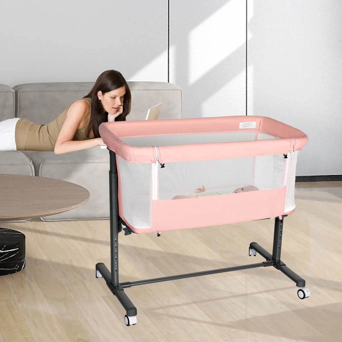 Baby Bassinet with Wheels Adjustable Bedside Sleeper Grey G125