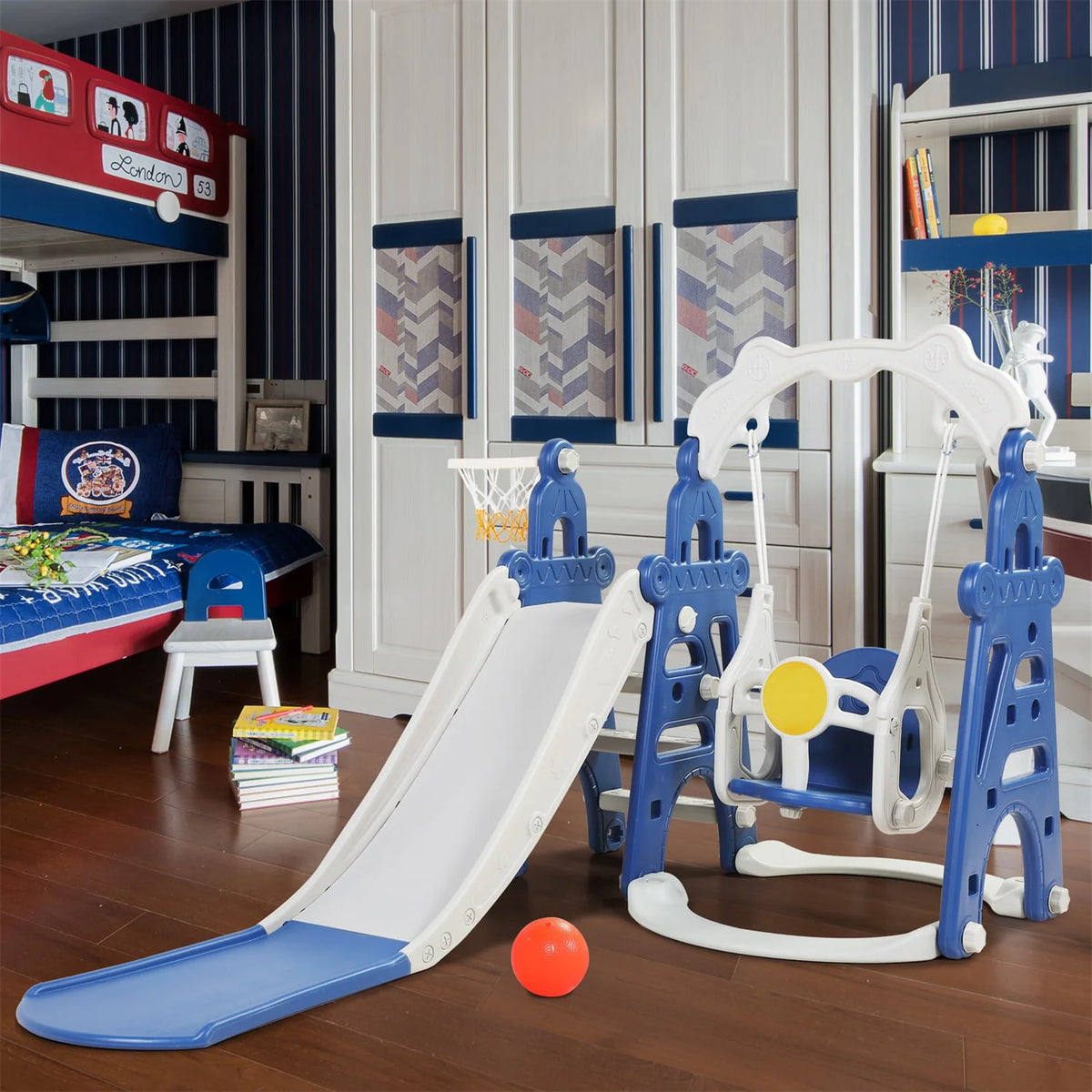 3 in 1 Kids Slide and Swing Set with Basketball Hoops S102222