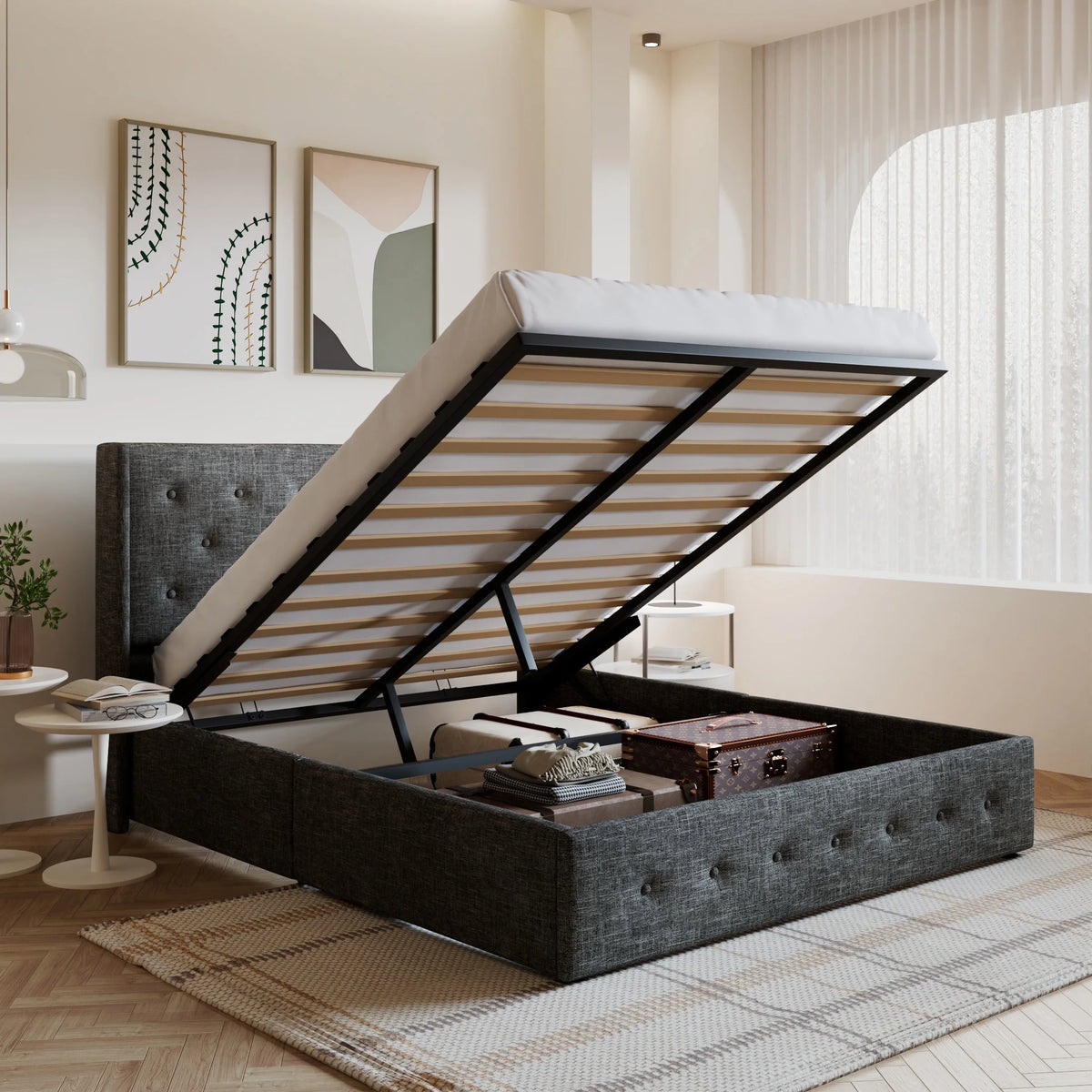 King Size Upholstered Lift up Storage Platform Bed Frame with Wingback Headboard, Beige E994121