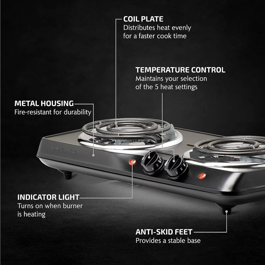 Electric Countertop Double Burner 1700W Stainless Steel Coil Black T700114