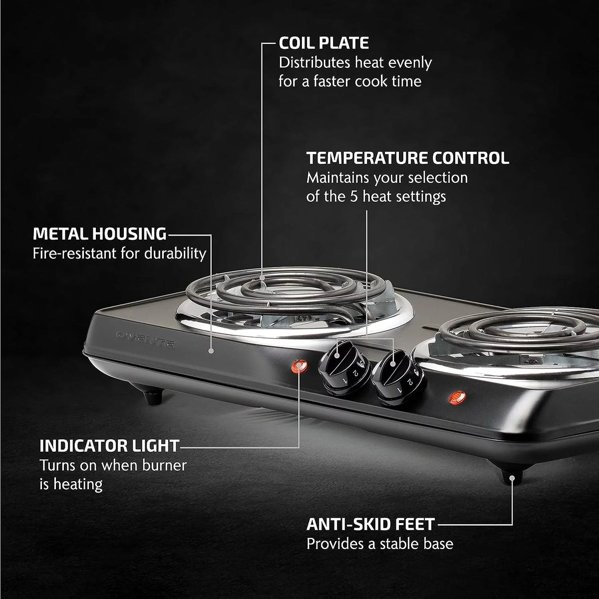 Electric Countertop Double Burner 1700W Stainless Steel Coil Black T700114
