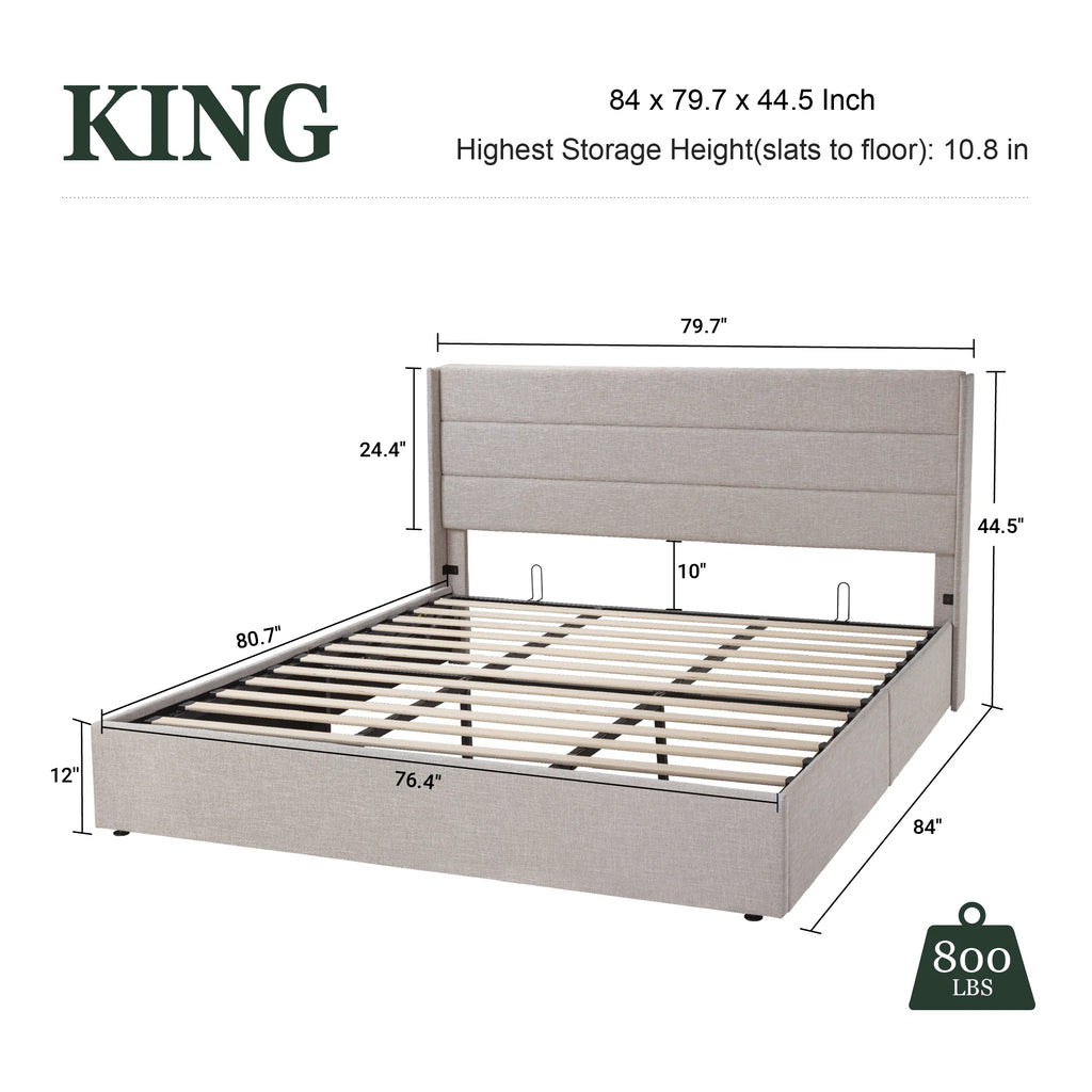 King Size Upholstered Lift up Storage Platform Bed Frame with Wingback Headboard, Beige E994121