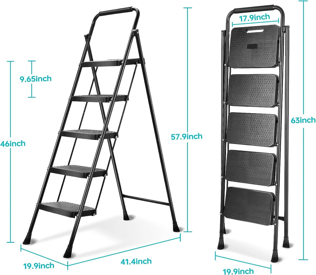5 Step Lightweight Folding Steel Ladder 330lb Capacity Y50314