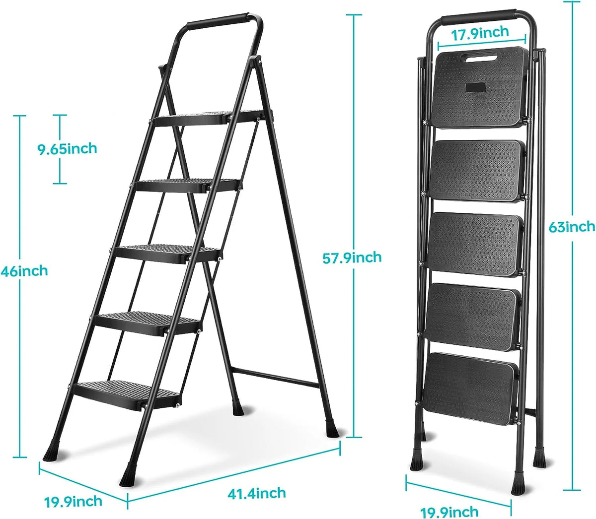 5 Step Lightweight Folding Steel Ladder 330lb Capacity Y50314