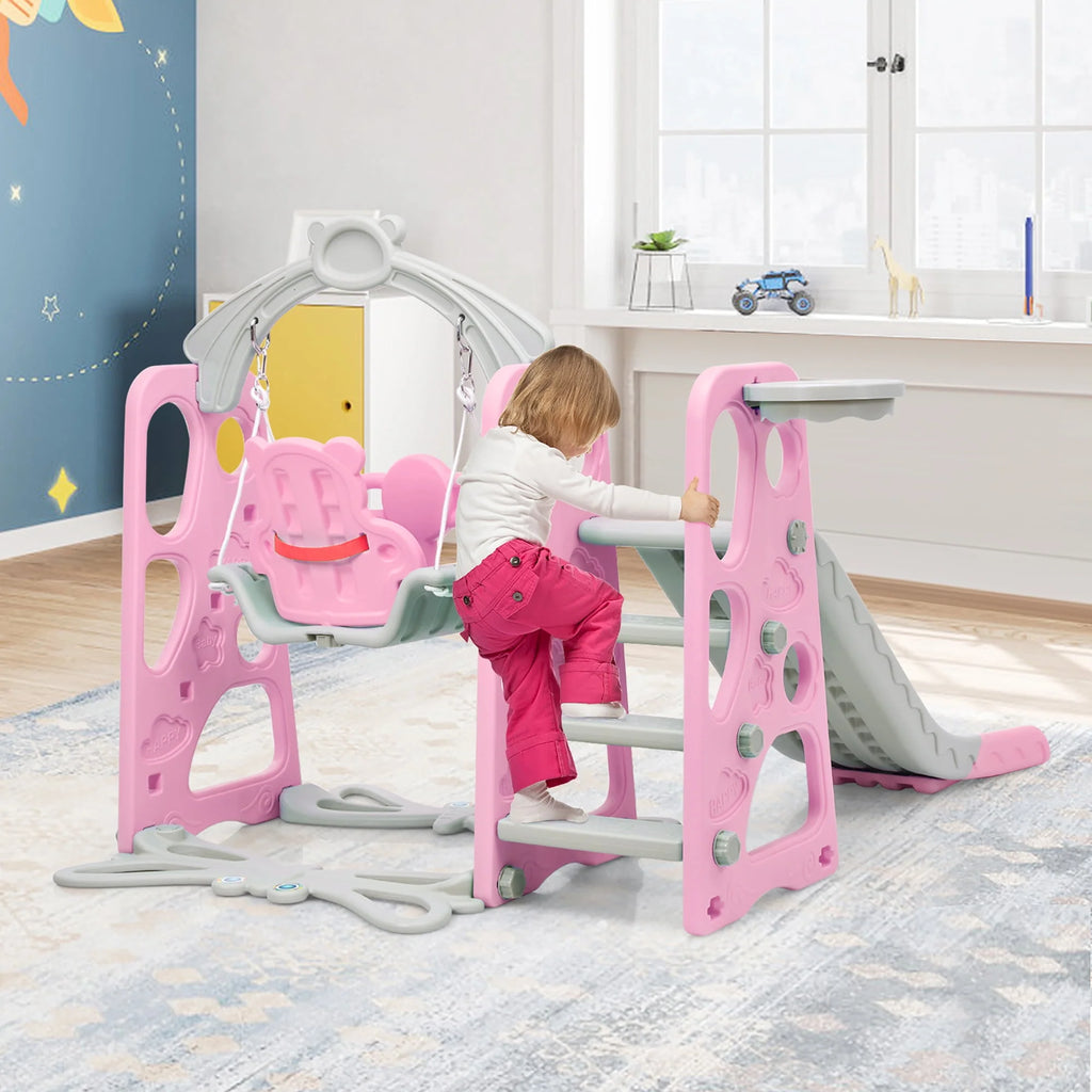 4-in-1 Toddler Climber and Swing Set with Basketball Hoop Pink V27059