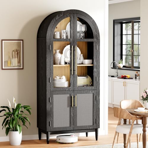 Black 63" Tall Arched Glass Door Storage Cabinet with 2 Rattan Drawers X143461