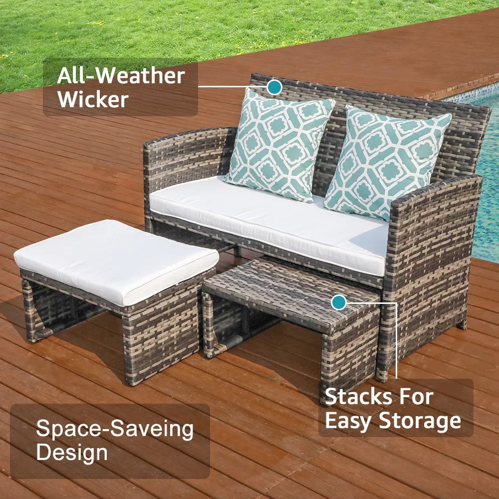 Wicker Rattan Loveseat Chairs with Ottomans P133