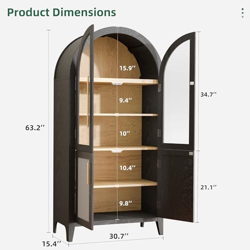 Black 63" Tall Arched Glass Door Storage Cabinet with 2 Rattan Drawers X143461