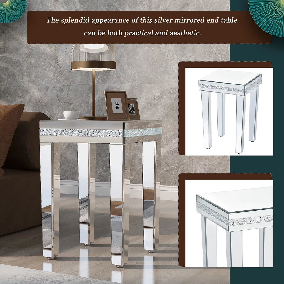 Glass Mirrored Side Table with Adjustable Height Legs M794956