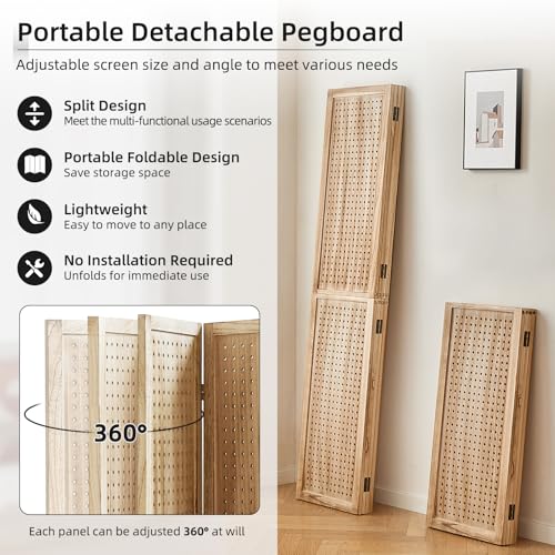 5.6Ft Wood Pegboard 4 Panel Folding Room Divider A8214