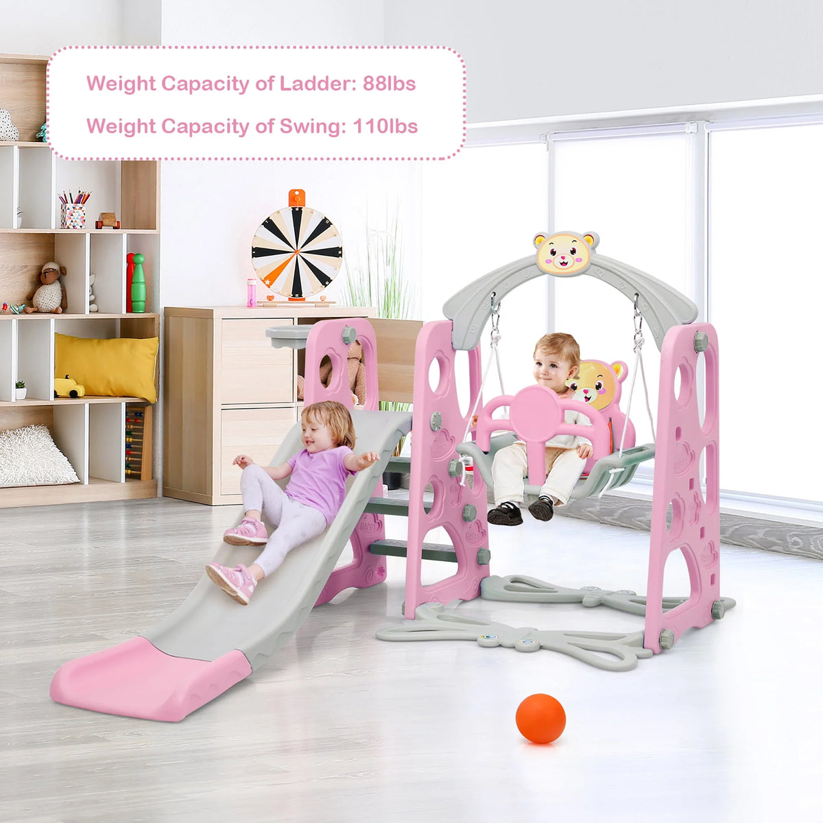 4-in-1 Toddler Climber and Swing Set with Basketball Hoop Pink V27059