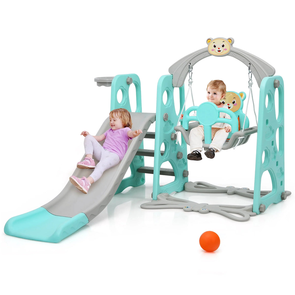 4-in-1 Toddler Climber and Swing Set with Basketball Hoop Pink V27059