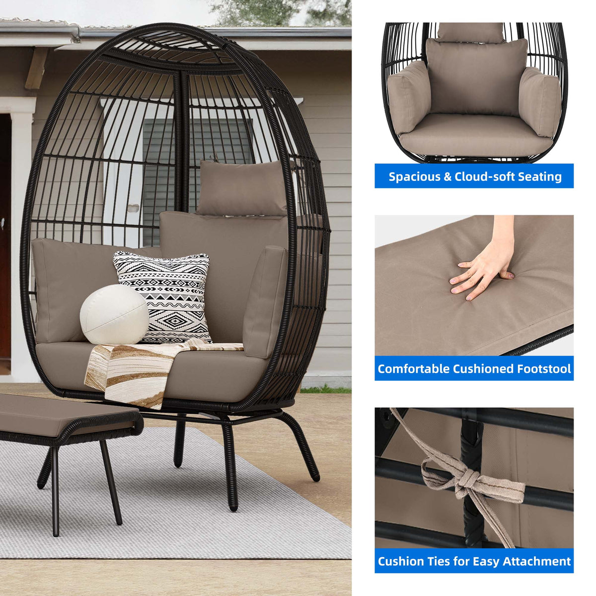 Oversized Wicker Egg Chair with Stand and Cushions M696