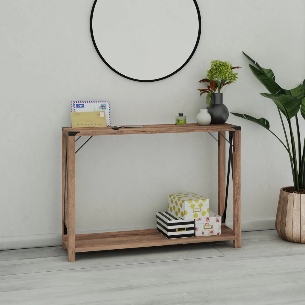 Rustic Oak Engineered Wood Console Table with Metal Accents W113036