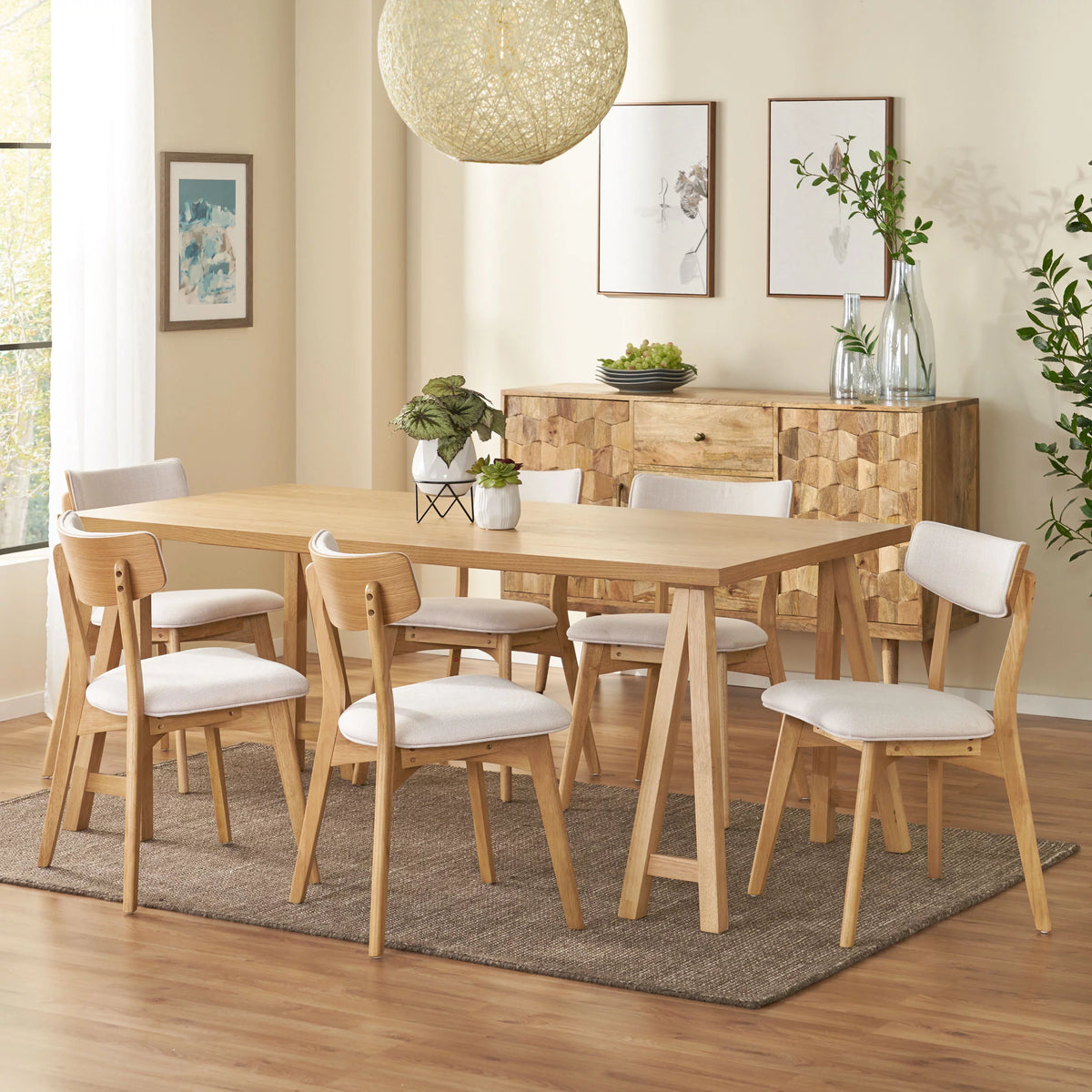 Light Beige Natural Oak Rubberwood Dining Set K7096