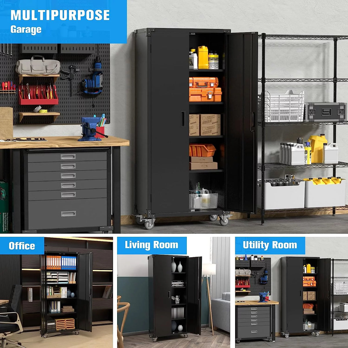 Metal Storage Cabinet with Lock, 72In Steel Storage Cabinet with Wheels, Black G315978