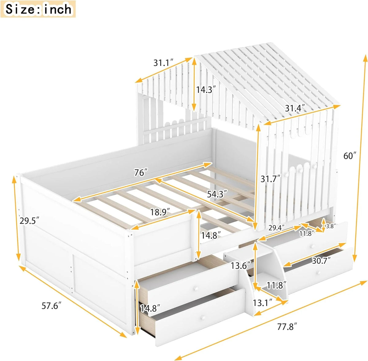 White Full Size Wood House Bed with 4 Drawers X615