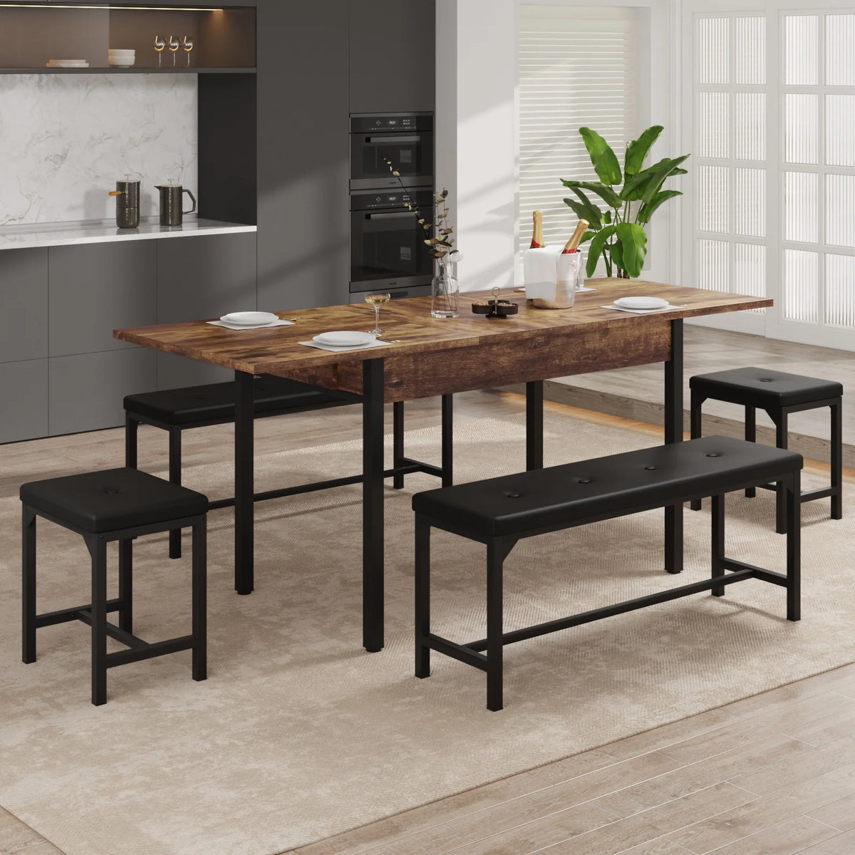 3-Piece Extendable Dining Table Set with Drawer and 2 Upholstered Benches D13119