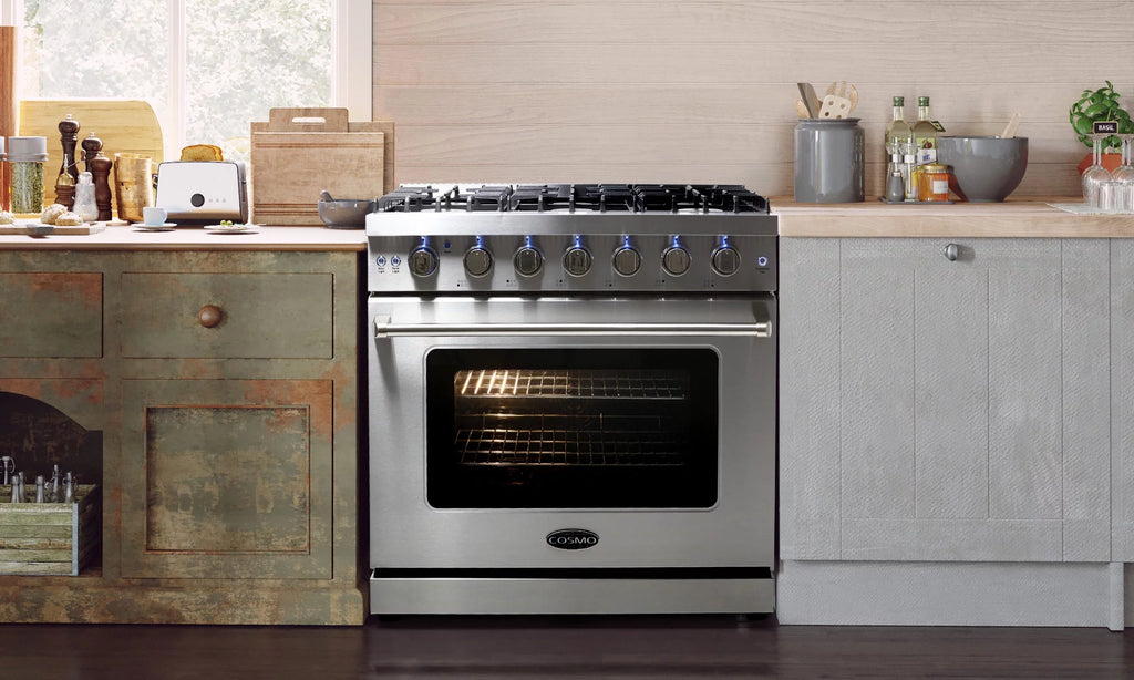 3 Piece Kitchen Appliance Package with Gas Range Range Hood and Wine Refrigerator W493