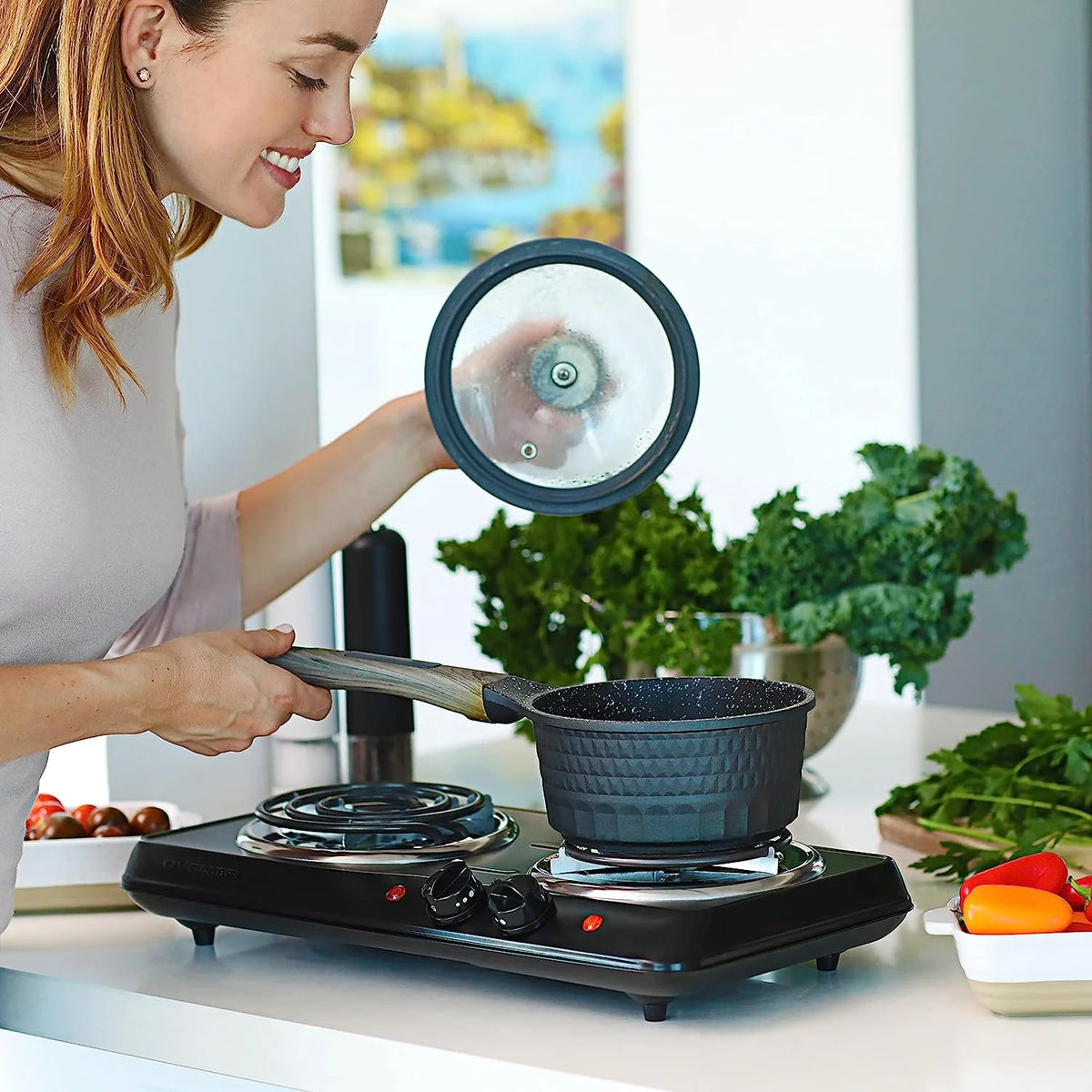 Electric Countertop Double Burner 1700W Stainless Steel Coil Black T700114