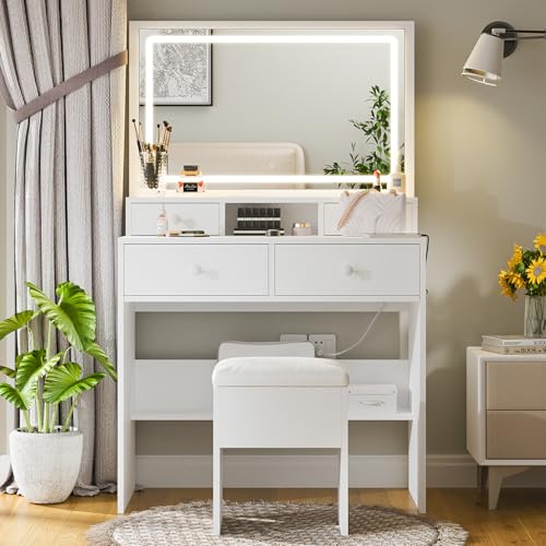 White Vanity Desk with Lighted Mirror and Charging Station H44138