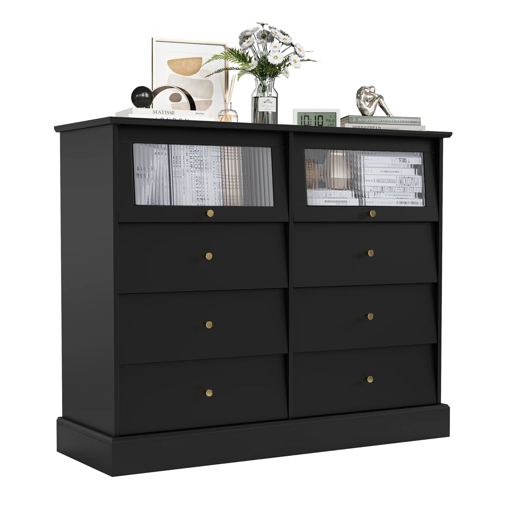 Black 8 Drawer Glass Door Wood Dresser P7564