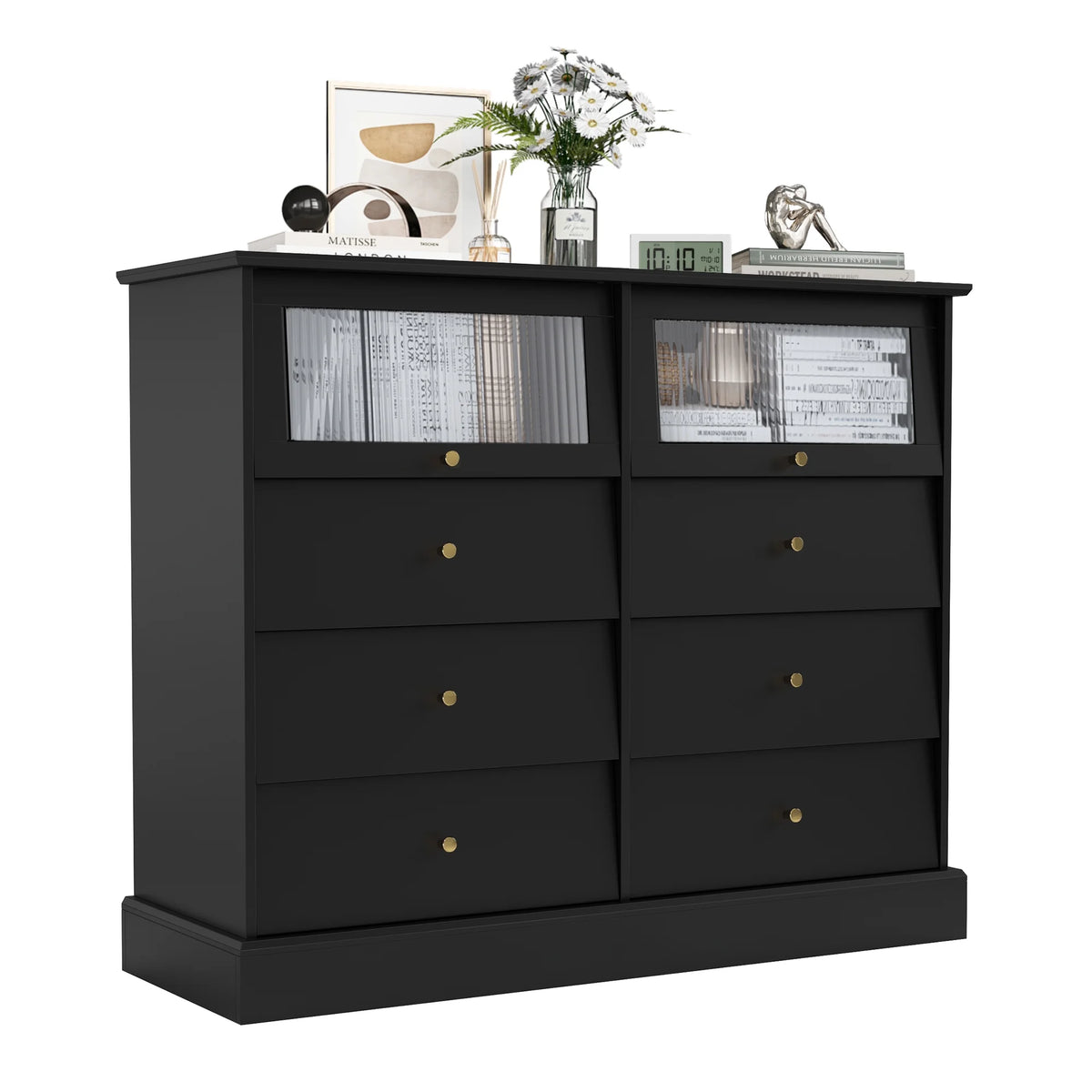 Black 8 Drawer Glass Door Wood Dresser P7564