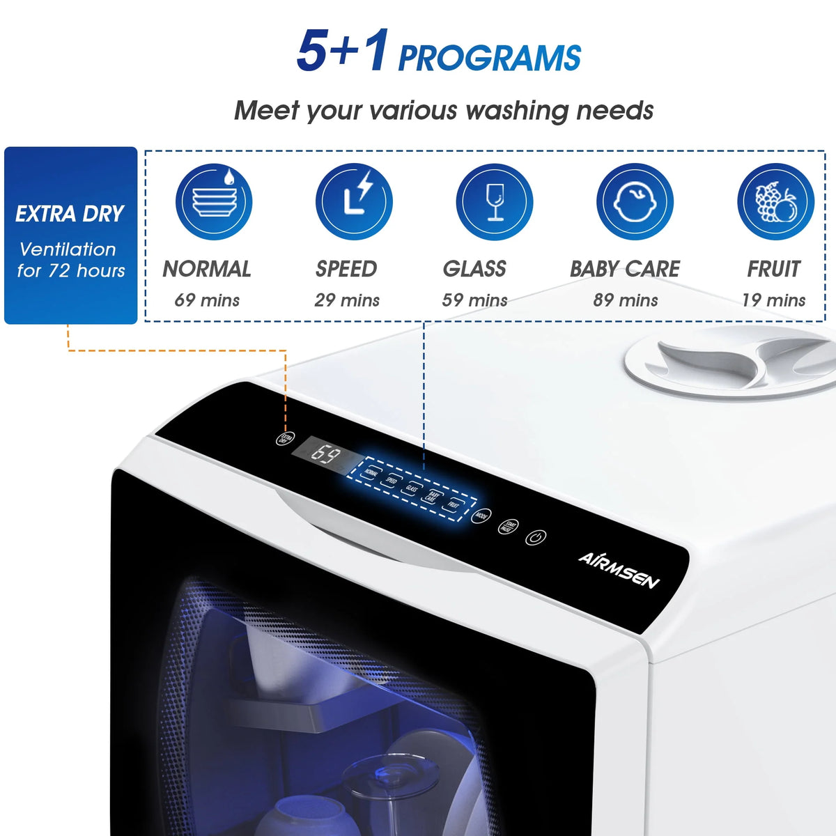 Portable Countertop Dishwasher with 5L Built-in Water Tank, 5 Place Settings, 7 Programs, White E237885