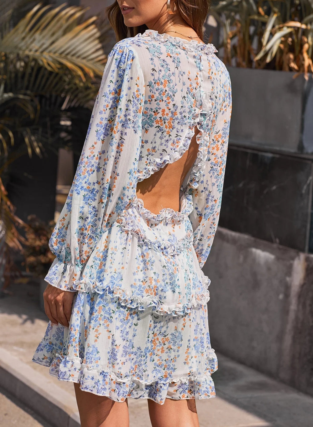 Floral Print Long Sleeve Backless Mini Dress L38772
